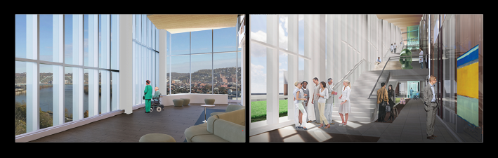 LEFT: A view from the hospital, expected to open in 2022. RIGHT: The building is designed to encourage collaboration, from the ground floor to the rooftop garden.