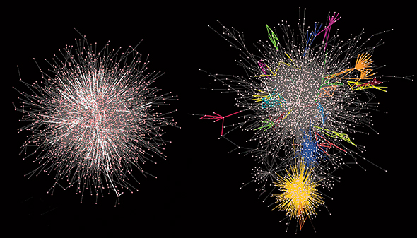 As a PhD student, Carvunis built the first-ever interaction map for a plant’s proteins. The figures here, from a 2011 Science paper, show these interactions are not organized randomly. If they were, the network would look like a big meaningless hairball (see simulation, left image). The right image shows what Carvunis found: communities of proteins that work closely with one another on specific biological processes. And in another Science paper published that very same day, Carvunis described how the job of one of these communities is to fight off different types of pathogens. The proteins in this community evolve rapidly to keep up an arms race with their microbial enemies. 