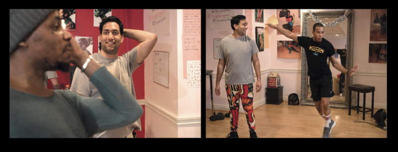 LEFT: Salim Snyder looks on as Tyreese Taylor dances during a vogue class at Project Silk. RIGHT: Roi Johnson teaches Snyder a move.