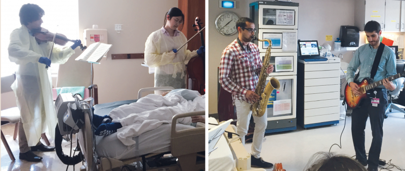 left: Pouya Joolharzadeh (violin) with Sae Jang (cell0), founder of MusiCare, play for a palliative care patient. right: Amol Mehta (saxophone) and Justin Arnett (guitar) play in the dialysis unit.