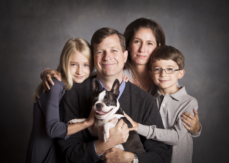 The family poses for a Christmas card. Neil and Suzanne are shown with their children, Abby and Patrick, and their dog Libby. Taken November 2011.