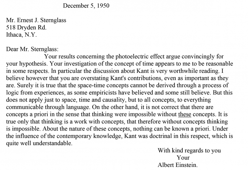 After meeting with Albert Einstein in 1947, Ernest Sternglass continued their conversation about theoretical physics (and, at times, philosophy) through letters. Typically, Sternglass wrote in English, and Einstein responded in German.