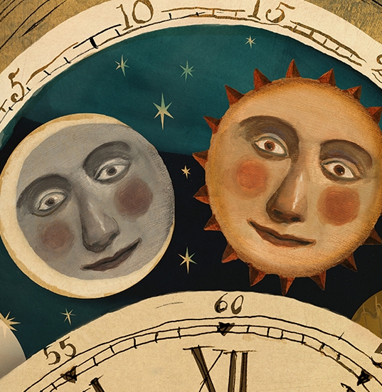 A sun and a moon over a clock at night.