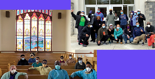   Left: Stanford’s team at a church testing site. Right: Consortium volunteers have tested more than 14,000 people. They’ve also administered flu shots.