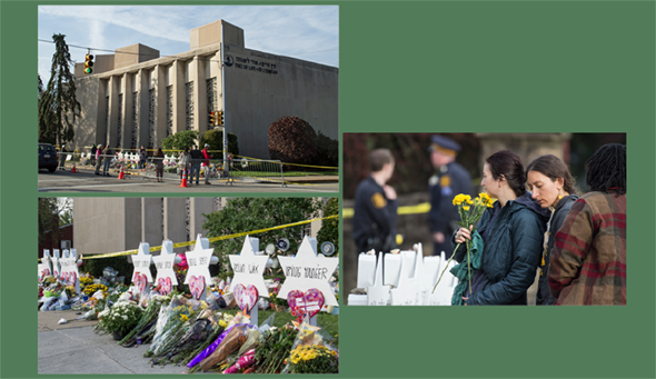On Oct. 27, 2018, a gunman entered Pittsburgh’s Tree of Life Synagogue and killed 11 people: Joyce Fienberg, 75, Richard Gottfried, 65, Rose Mallinger, 97, Jerry Rabinowitz, 66, Cecil Rosenthal, 59, David Rosenthal, 54, Bernice Simon, 84, Sylvan Simon, 86, Daniel Stein, 71, Melvin Wax, 87, and Irving Younger, 69.A memorial was erected outside the synagogue. (Photos: Aimee Obidzinski/University of Pittsburgh) 