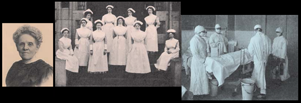 Left: Louise Wotring Lyle. Graduating class of hospital nurses in 1915. Right: Surgery in Progress, c. 1914. (Photos courtesy UPMC Presbyterian)