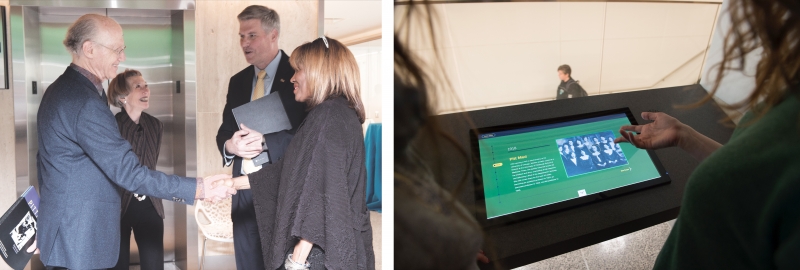 LEFT: Peter Salk (left) and Joy Starzl (right) with Pitt’s Maggie McDonald and Chancellor Patrick Gallagher at the exhibit unveiling. RIGHT: Trying out the interactive display.