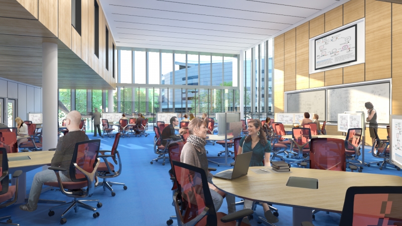 A classroom built for team-based learning on the fifth floor would offer an interactive, roundtable setup, with flat screens at each table.