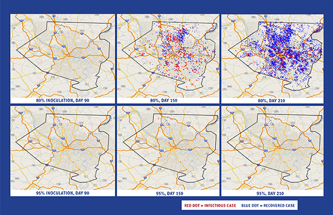 With FRED, anyone can see how cities across the United States would fare at different inoculation rates. The top row here shows what happens when 80 percent of schoolchildren are inoculated against measles in Allegheny County. Herd immunity is lost. At 95 percent, it is maintained. Click on the map to try it yourself.